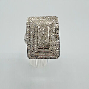 Designer Sterling Silver 925 and Pave Diamond Rectangle Cocktail Ring - Size 12